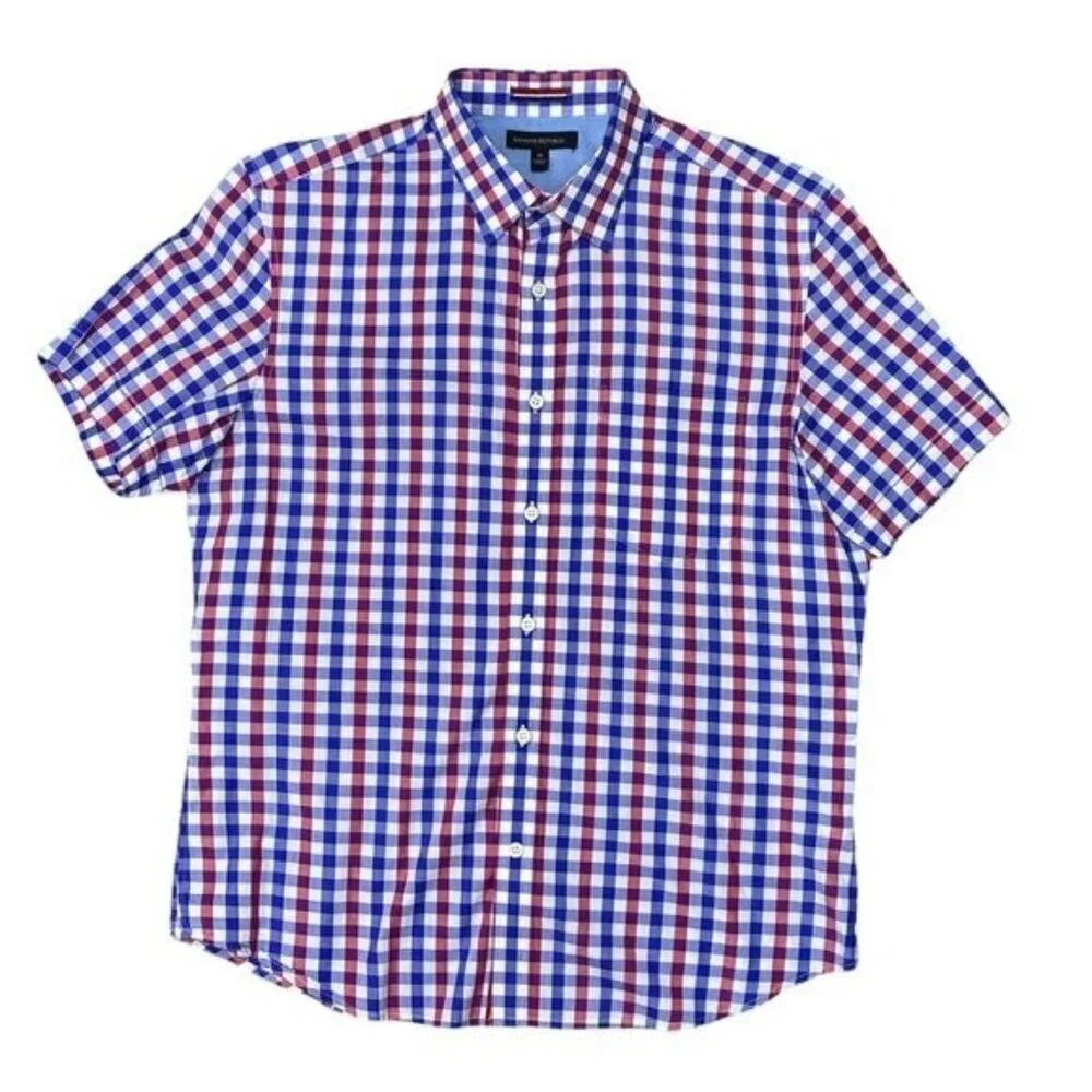 Banana Republic Men's Medium Shirt Short Sleeve Button Down Gingham Plaid Blue R